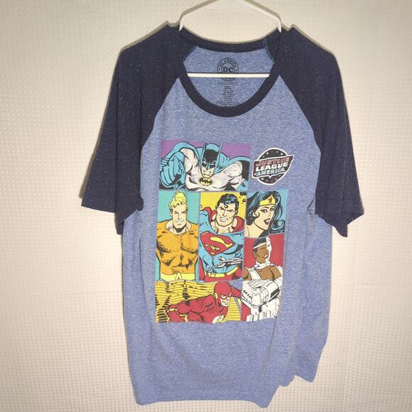 DC Comics 2XL Raglan Baseball Tee Justice League Graphic Shirt Blue Navy Mens - Picture 1 of 6